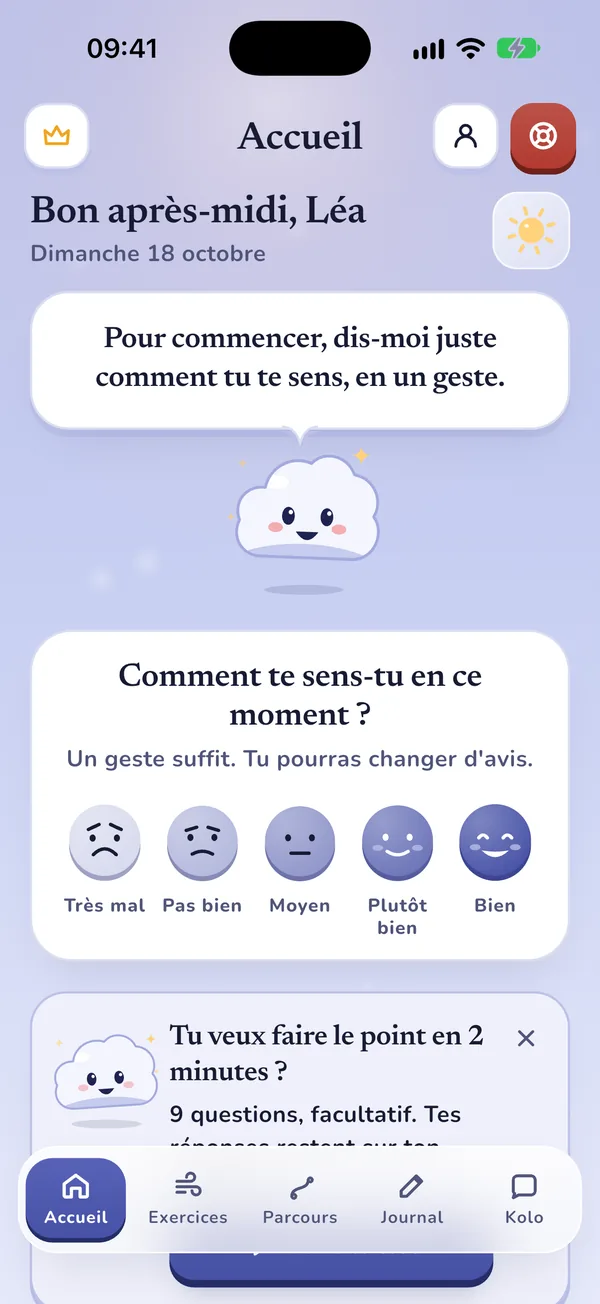 Écran d'accueil de Depression : Kolo, le petit nuage, demande comment tu te sens, sous un ciel de jour