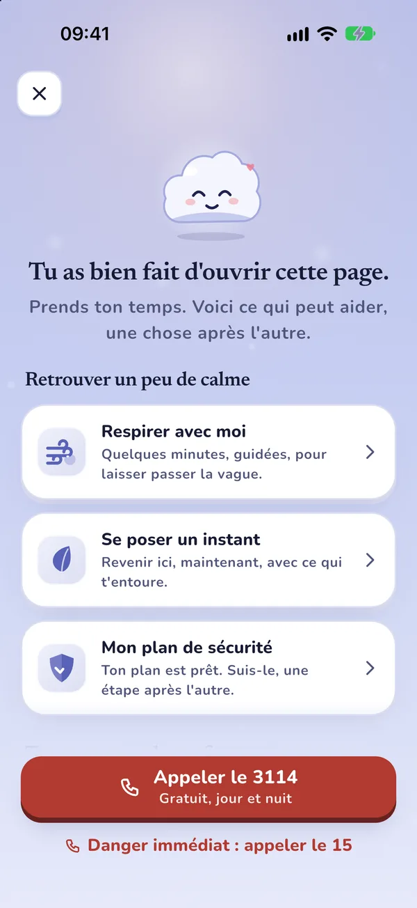 L'écran d'aide : respirer, se poser, le plan de sécurité, et en bas le bouton pour appeler le 3114 ou le 15