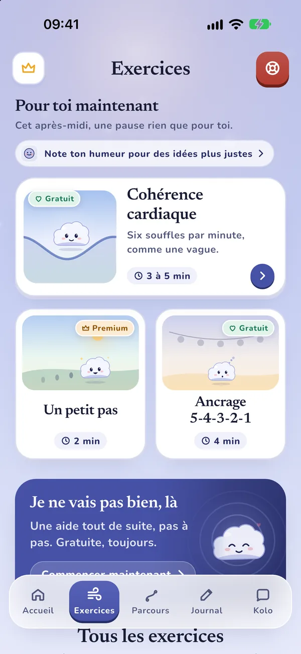 La liste des exercices, avec en tête une aide immédiate quand ça ne va pas
