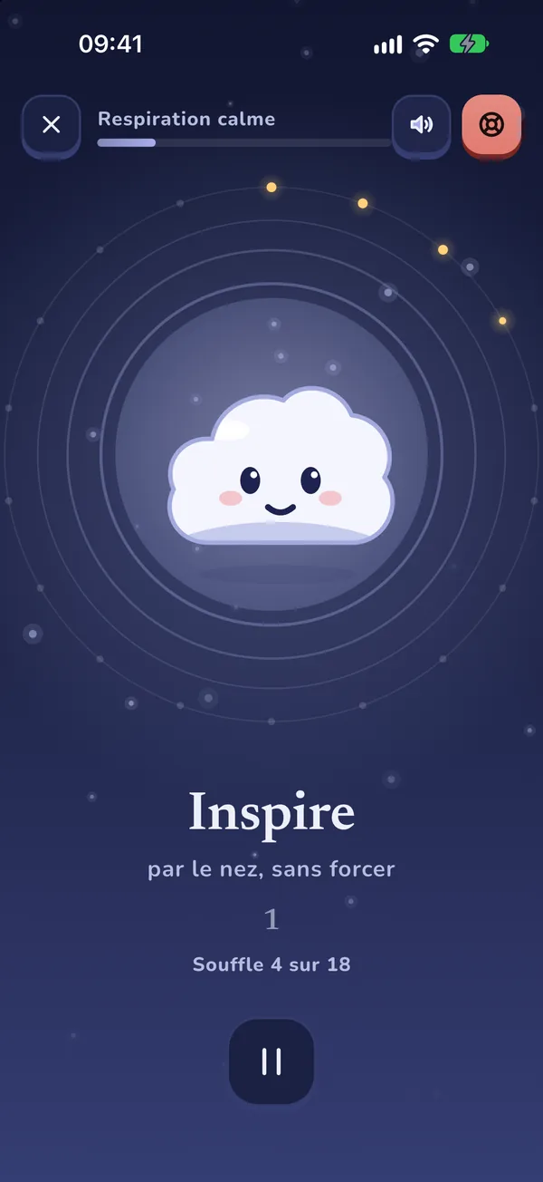 Exercice de respiration calme, de nuit, avec un cercle qui guide le souffle